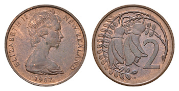 Новая Зеландия 2 цента 1967 Елизавета II (1952-2022), два цветка кохаи KM 32.1 бронза UNC 4669-618