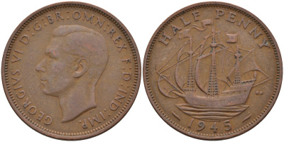 Великобритания 1/2 пенни 1945 Георг VI (1936-1952) KM 844, Spink 4115 бронза 4592-343