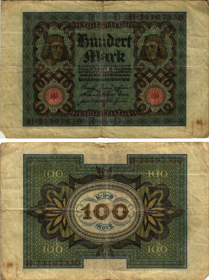 Германия 100 марок 1920 Бамбергский всадник, 8 цифр в номере, серия H, буква Y Pick 69 b, Розенберг 69b бумага 8609-57-1