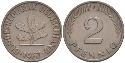 ФРГ 2 ПФЕННИГА 1967 F KM 106, J. 381 бронза 4181-749