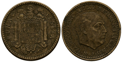 Испания 1 песета 1947 Франсиско Франко (1939 - 1975) KM 775 алюминиевая бронза 4177-916