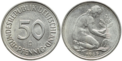 ФРГ 50 ПФЕННИГОВ 1985 D КМ 109.2 J.384a медно-никель 4392-1052