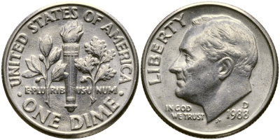 США 10 ЦЕНТОВ = 1 ДАЙМ 1988 D, РУЗВЕЛЬТ KM 195а медь плакированная медно-никелем 46-2421