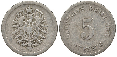Германия 5 пфеннигов 1876 D, старогербовка KM 3, J. 3 медно-никель 51-3456
