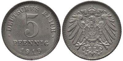 ГЕРМАНИЯ 5 ПФЕННИГОВ 1919 E KM 19, Jager 297, Weege 5 железо 4547-616