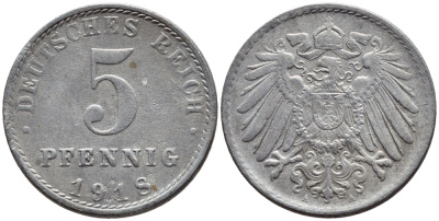 ГЕРМАНИЯ 5 ПФЕННИГОВ 1918 A KM 19, J 297 железо 4396-265