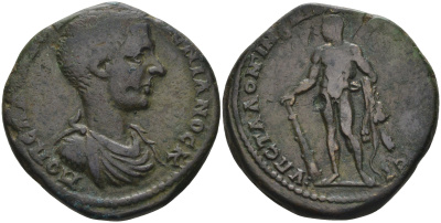 Римская Империя, Провинция Нижняя Мезия, Никополь-на-Истре AE 217 - 218 Диадумениан в ранге цезаря, голова цезаря / Геракл, 26 мм, 10,78 гр бронза 1100-4-21