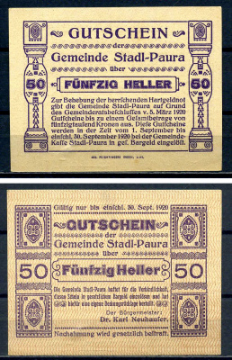 Штадль-Паура (Австрия) 50 геллеров 1920 картон aUNC 7556-24-4-1