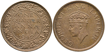 Британская Индия 1/4 анна 1942 Георг VI (1937-1952) KM 531 бронза aUNC 4364-834