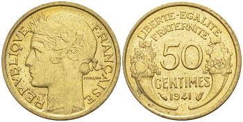 ФРАНЦИЯ 50 САНТИМОВ 1941 ТИП MORLON KM 894.1, LE FRANC 192.18 алюминиевая бронза 44-464