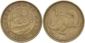 Мальта 1 цент 1986 ласка, горностай KM 78 никель латунь 4585-1123