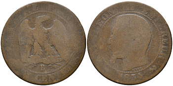 ФРАНЦИЯ 5 САНТИМОВ 1854 В, НАПОЛЕОН III (1852-1870) KM 777.2, LE FRANC 116.9 бронза 28-925
