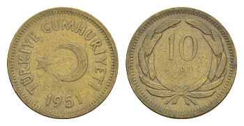 Турция 10 курушей 1951 KM 888 латунь 4647-546