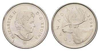 Канада 25 центов 2006 Leaf, Елизавета II (1952-2022), олень KM 2296 сталь плакированная никелем UNC 4631-723
