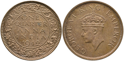 Британская Индия 1/4 анна 1942 Георг VI (1937-1952) KM 531 бронза aUNC 4364-834