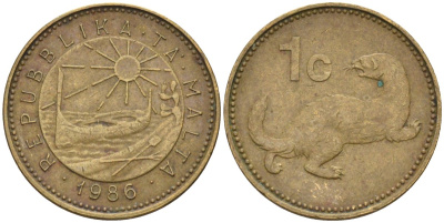 Мальта 1 цент 1986 ласка, горностай KM 78 никель латунь 4585-1123