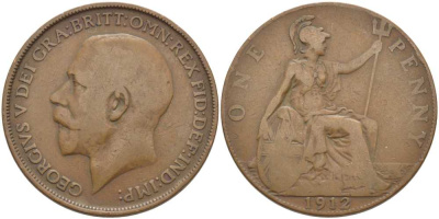 Великобритания 1 пенни 1912 Георг V (1910-1936) KM 810, Spink 4051 бронза 111-1224