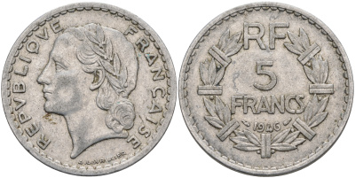 ФРАНЦИЯ 5 ФРАНКОВ 1946 KM 888b.1 алюминий 4590-524