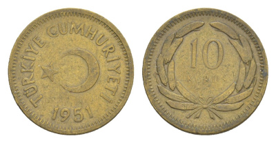 Турция 10 курушей 1951 KM 888 латунь 4647-546