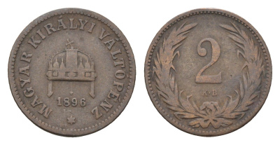 Венгрия 2 филлера 1896 KB, Франц Иосиф I (1848-1916) KM 481 бронза 4665-413