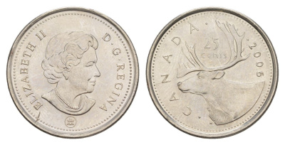 Канада 25 центов 2006 Leaf, Елизавета II (1952-2022), олень KM 2296 сталь плакированная никелем UNC 4631-723