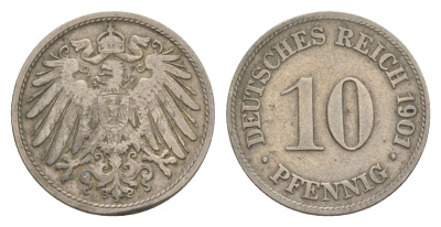 Германия 10 пфеннигов 1901 D, Вильгельм II (1888-1918) KM 12, J. 13 медно-никель 4640-251