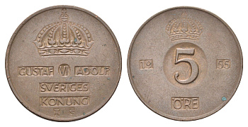 Швеция 5 эре 1955 TS Густав VI Адольф (1950-1973) KM 822 бронза 4706-951