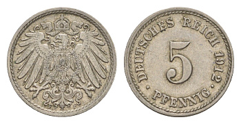 Германия 5 пфеннигов 1912 F, Вильгельм II (1888-1918) KM 11, J. 12 медно-никель 4640-142
