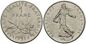 Франция 1 франк 1991 сеятель KM 925 никель 4135-912