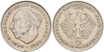 ФРГ 2 марки 1973 J, Теодор Хойс, 20 лет Федеративной Республике (1949-1969) KM A127, J. 407 медно-никель плакированный никелем 4583-932