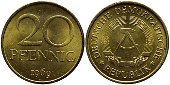 ГДР 20 пфеннигов 1969 А, первый год KM 11 латунь UNC 73-1353
