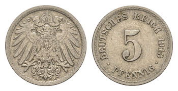 Германия 5 пфеннигов 1913 A, Вильгельм II (1888-1918) KM 11, J.12 медно-никель 4644-1066