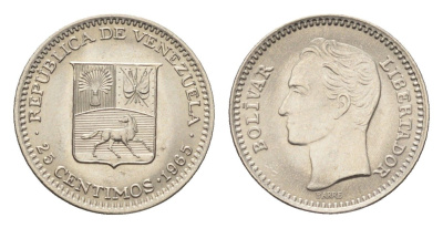 Венесуэла 25 сентимо 1965 год-тип, Симон Боливар Y 40 никель UNC 4668-1026