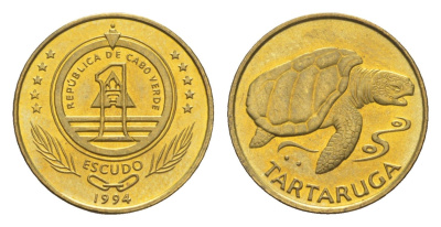 Кабо-Верде 1 эскудо 1994 Черепаха KM 27 сталь плакированная латунью UNC 4651-537