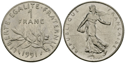 Франция 1 франк 1991 сеятель KM 925 никель 4135-912