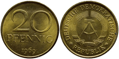 ГДР 20 пфеннигов 1969 А, первый год KM 11 латунь UNC 73-1353