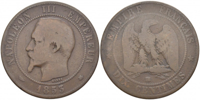 Франция 10 сантимов 1853 ВВ, Наполеон III (1852-1870) KM 771.3, Le Franc 133.4 бронза 114-644