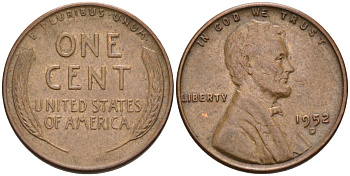 США 1 цент 1952 D, Линкольн KM А132 медь цинк 4115-814