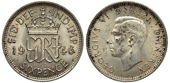 Великобритания 6 пенсов 1946 Георг VI (1936-1952) KM 852, Spink 4084 серебро 4538-617