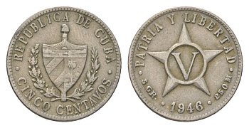 Куба 5 сентаво 1946 звезда, первая Республика (1902-1961) KM 11.3 медно-никель 4623-826