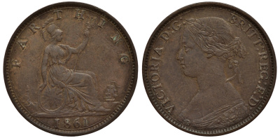 Великобритания 1 фартинг 1861 Виктория (1837-1901) KM 747.2, Spink 3958 бронза 1523-1225