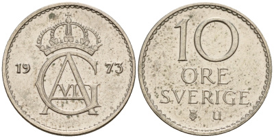 Швеция 10 эре 1973 U, Густав VI Адольф (1950-1973) KM 835 медно-никель 4598-1228
