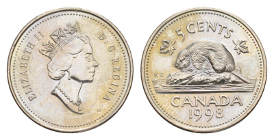 Канада 5 центов 1998 W, Елизавета II (1952-2022), бобр KM 182 медно-никель UNC 4639-526
