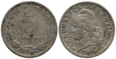 Аргентина 5 сентаво 1909 голова свободы влево KM 34 медно-никель 4528-224