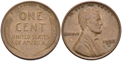 США 1 цент 1952 D, Линкольн KM А132 медь цинк 4115-814