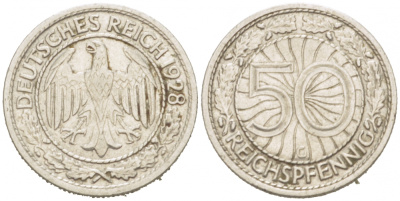 Германия 50 рейхспфеннигов 1928 G KM 49, J.324 никель 3955-416