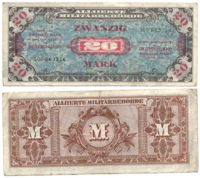 Германия, оккупация союзниками 20 марок 1944 БЕЗ F, 9 ЦИФР В НОМЕРЕ Pick 195b, Розенберг 204с бумага 436-8-1-2