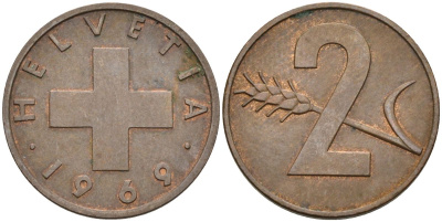Швейцария 2 раппена 1969 KM 47 бронза 4525-925
