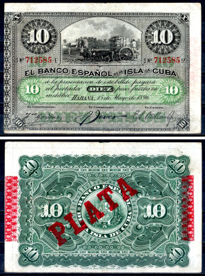 Куба 10 песо 1896 Испанская Администрация, надпечатка PLATA Pick 49 d бумага 402-65-2-1