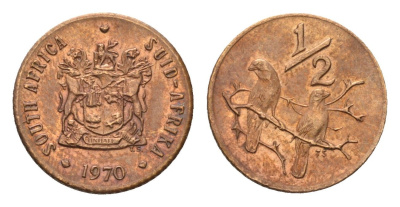 ЮАР 1/2 цента 1970 два капских воробья на ветке KM 81 бронза UNC 4643-148